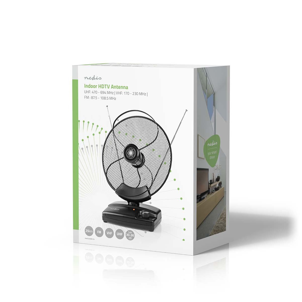 Nedis Indoor HDTV Antenna | Active | FM / UHF / VHF | Reception range: 0-25 km | LTE700 | Gain: 36 dB | Gain control | ABS | Black