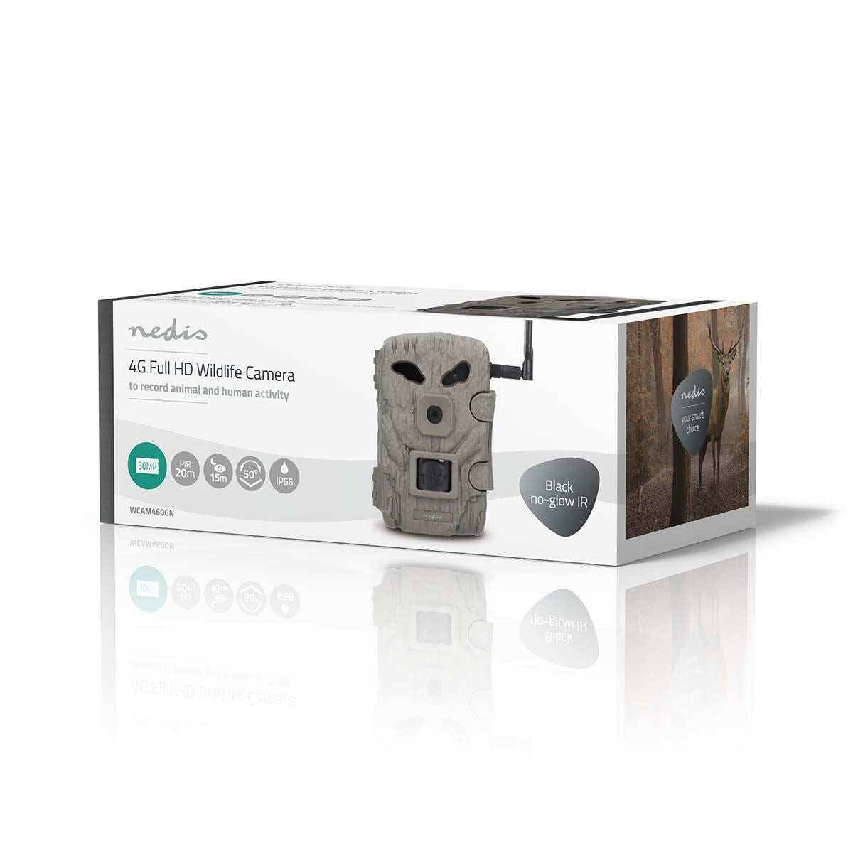 Nedis Wildlife Camera | 4G | 1080p@30fps | 30.0 MPixel | 2 MPixel CMOS | IP66 | 4G | Black No-Glow IR | Night vision | Viewing angle: 50 ° | Motion sensor | Detection angle: 50 ° | Detection range: 20 m | LCD Screen | Green