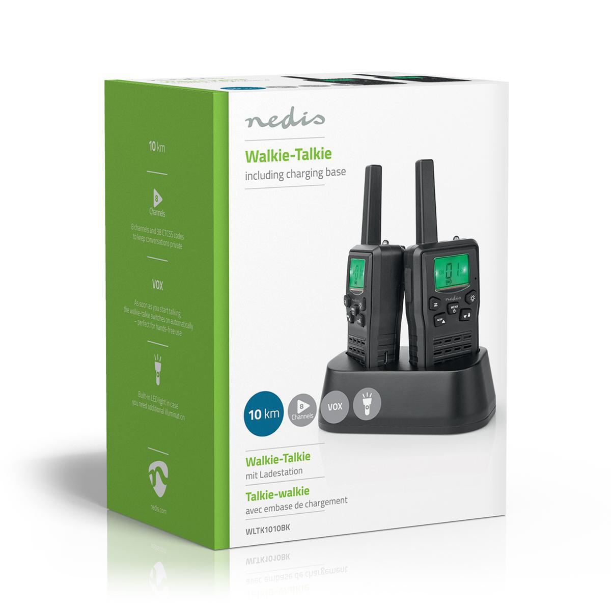 Nedis Walkie-Talkie Set | 2 Handsets | Up to 10 km | Frequency channels: 8 | PTT / VOX | up to 6 Hours | Charging base included | Headphone output | Black