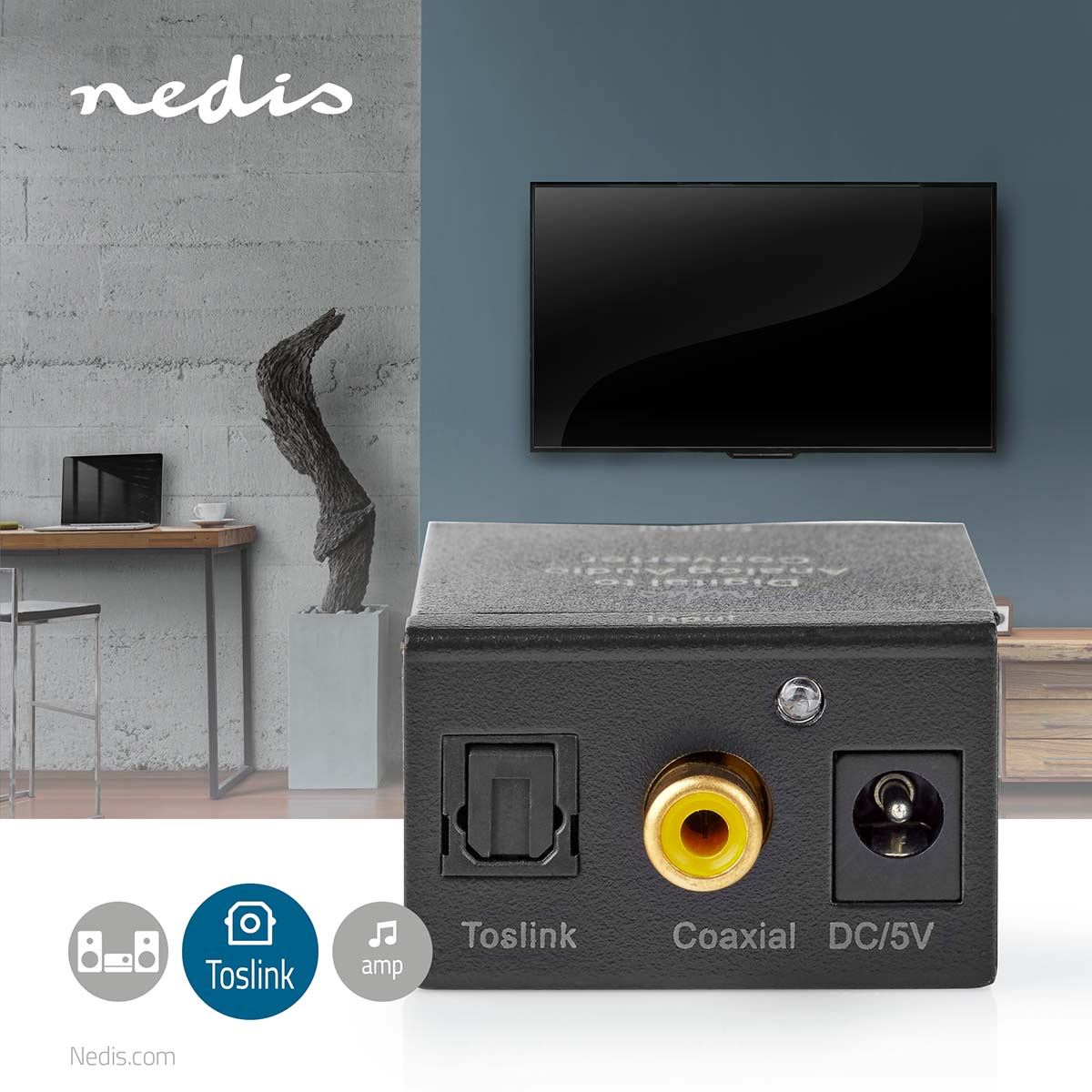 Nedis Digital Audio Converter | 1-way | Connection input: 1x Digital RCA / 1x TosLink | Connection output: 1x (2x RCA) / 1x 3.5 mm | Automatic | Integrated amplifier | Black