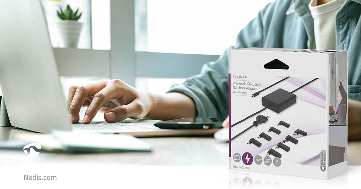 Nedis Notebook Adapter | GaN | 100 W | 5 / 9 / 12 / 15 / 20 V DC | 3.0 / 5.0 A | Used for: Notebook / Smartphone / Tablet | Euro / Type-C (CEE 7/16)