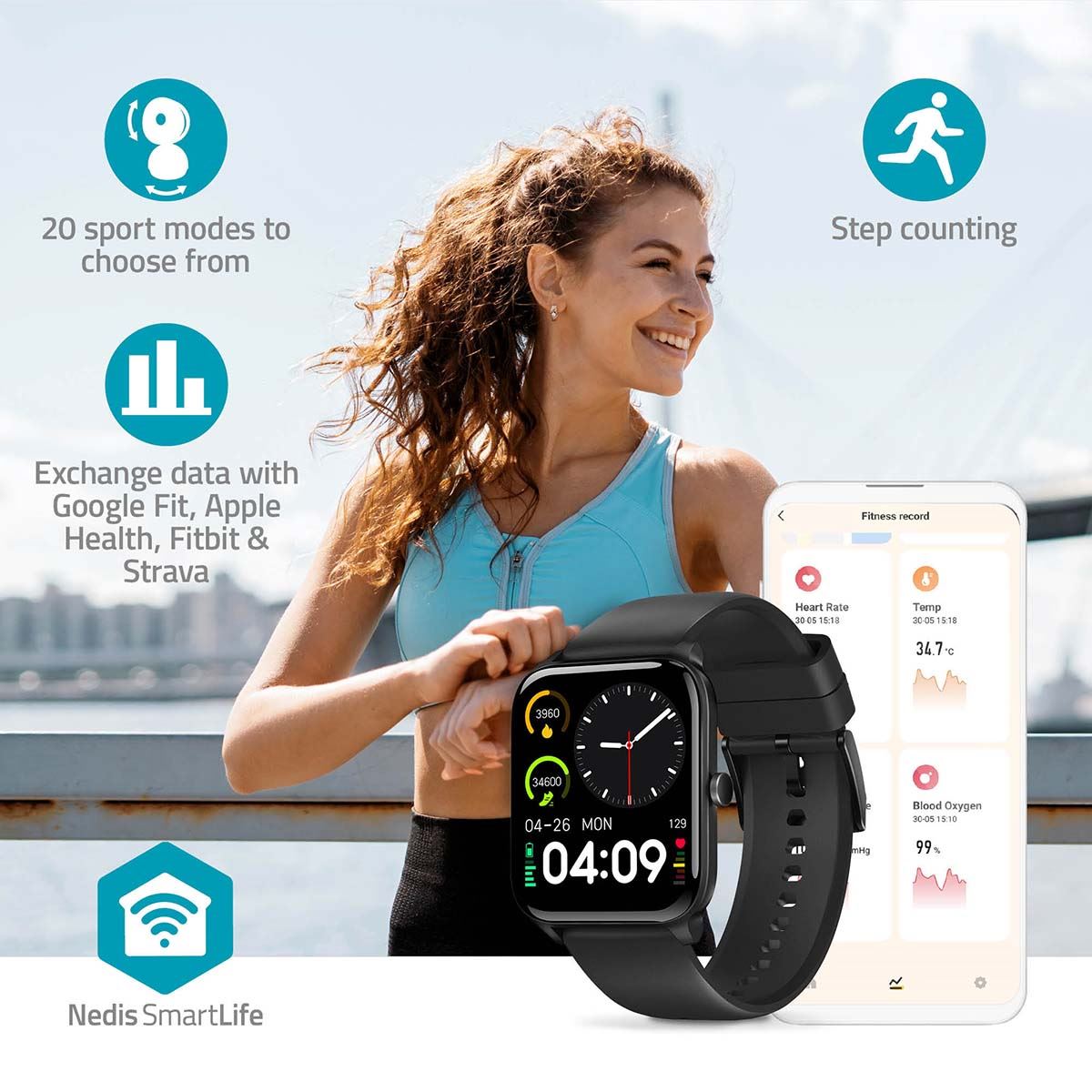 Nedis SmartLife Watch | 1.69 " | LCD | IP68 | Maximum operating time: 240 hrs | Android™ / IOS | Black