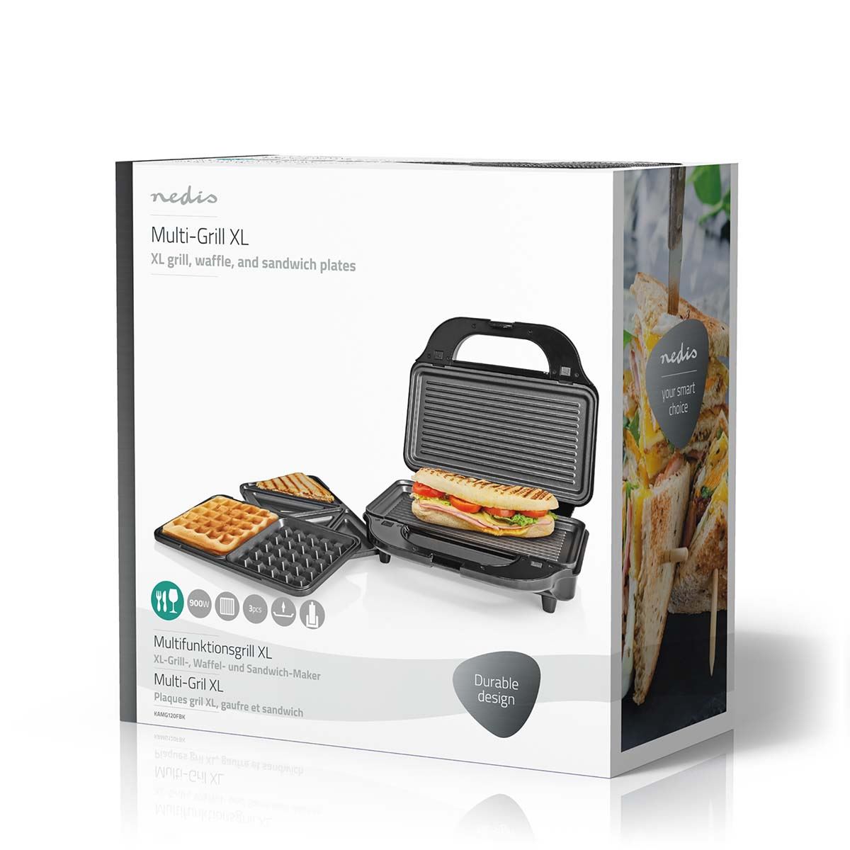 Nedis Multi Grill | Grill / Sandwich / Waffle | 900 W | 28 x 15 cm | Automatic temperature control | Plastic / Stainless Steel
