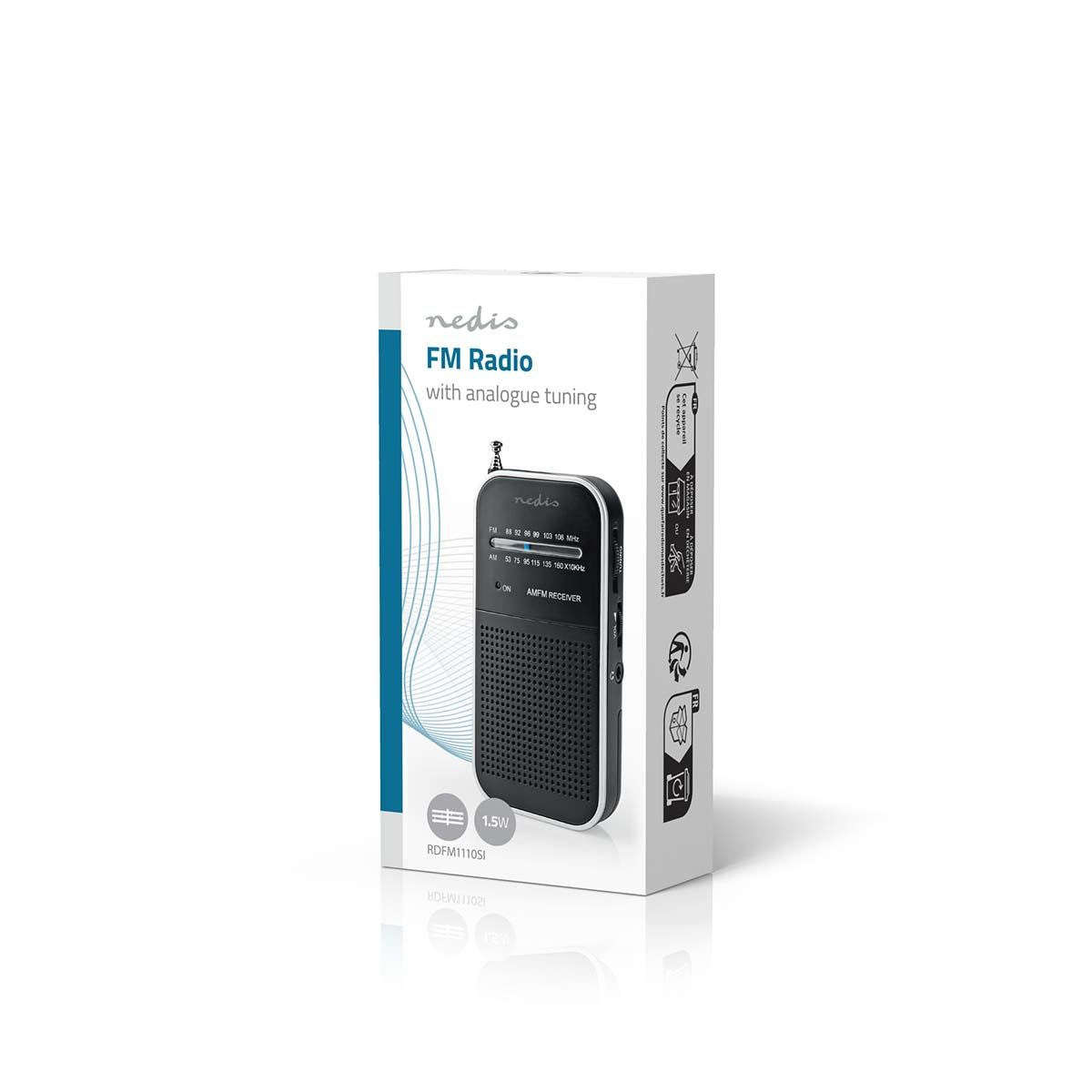Nedis FM Radio | Portable Design | AM / FM | Battery Powered | Analogue | 1.5 W | Black White Screen | Headphone output | IP20 | Aluminium / Black