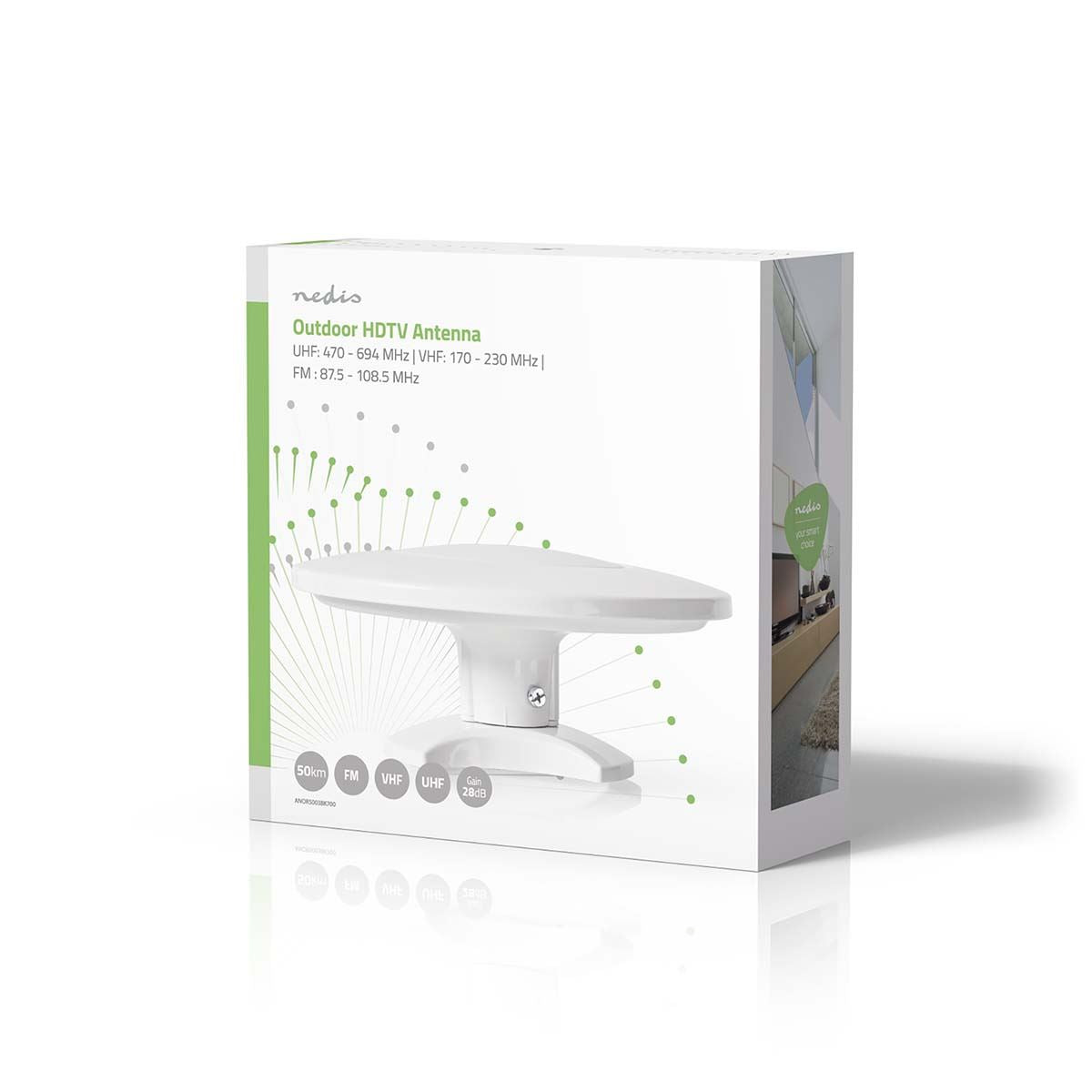 Nedis ANOR5003BK700 | Outdoor HDTV Antenna | Active | Connector type: F-connector | FM / UHF / VHF | Reception range: 0-50 km | LTE700 | Gain: 28 dB | White