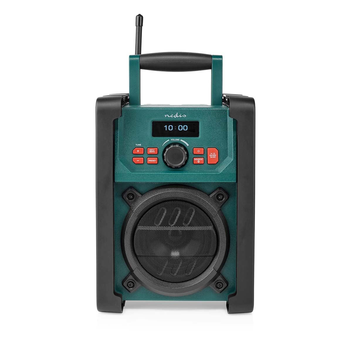 Nedis DAB+ Radio | Jobsite Radio | DAB+ / FM | 2.2 " | Black White Screen | Battery Powered / Mains Powered | Digital | 15 W | Bluetooth® | Alarm clock | Sleep timer | IP65 | Carrying handle | Black / Green