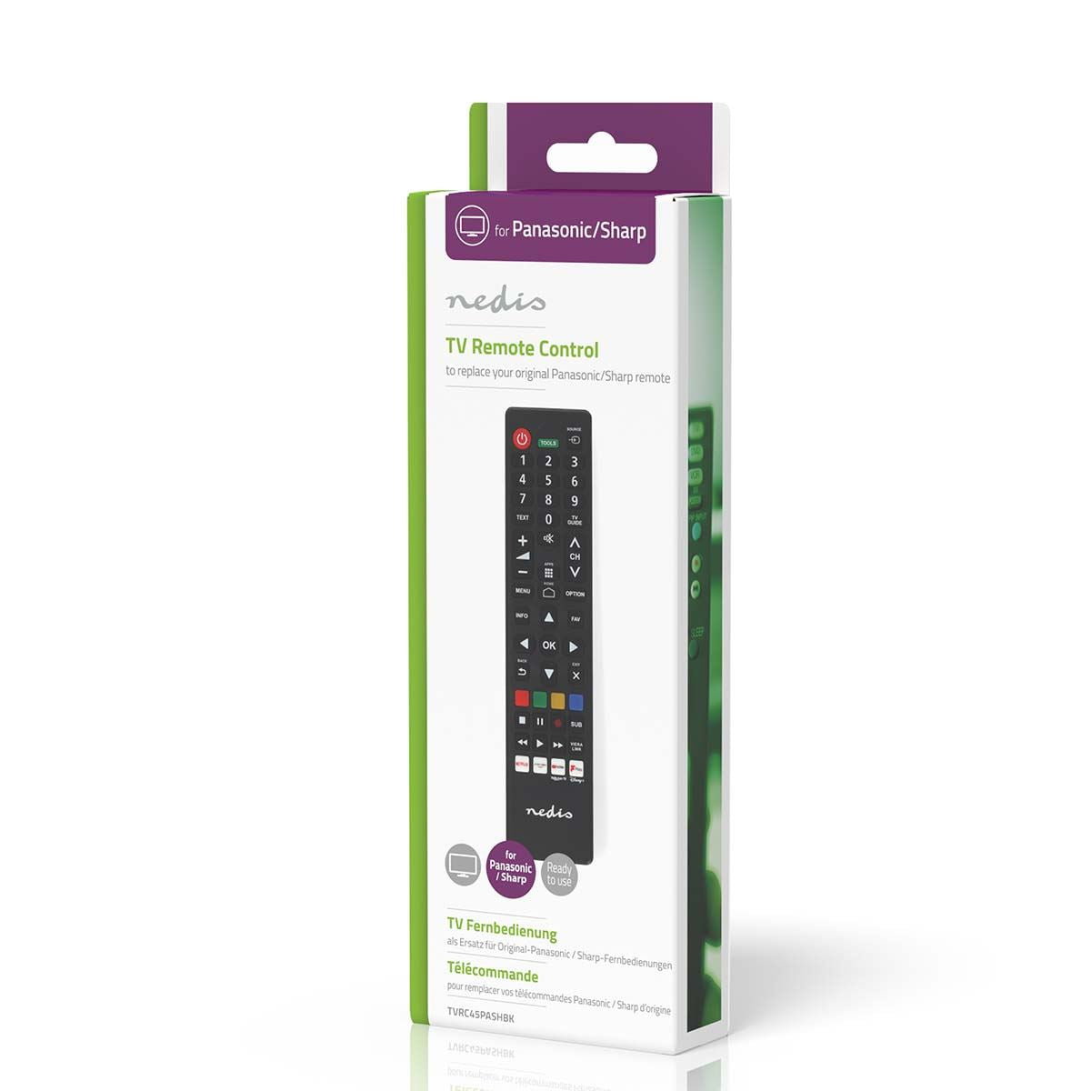 Nedis Replacement Remote Control | Suitable for: Panasonic / Sharp | Preprogrammed | 1 Device | Amazon Prime / Disney + Button / Netflix Button / Rakuten TV Button / Youtube Button | Infrared | Black