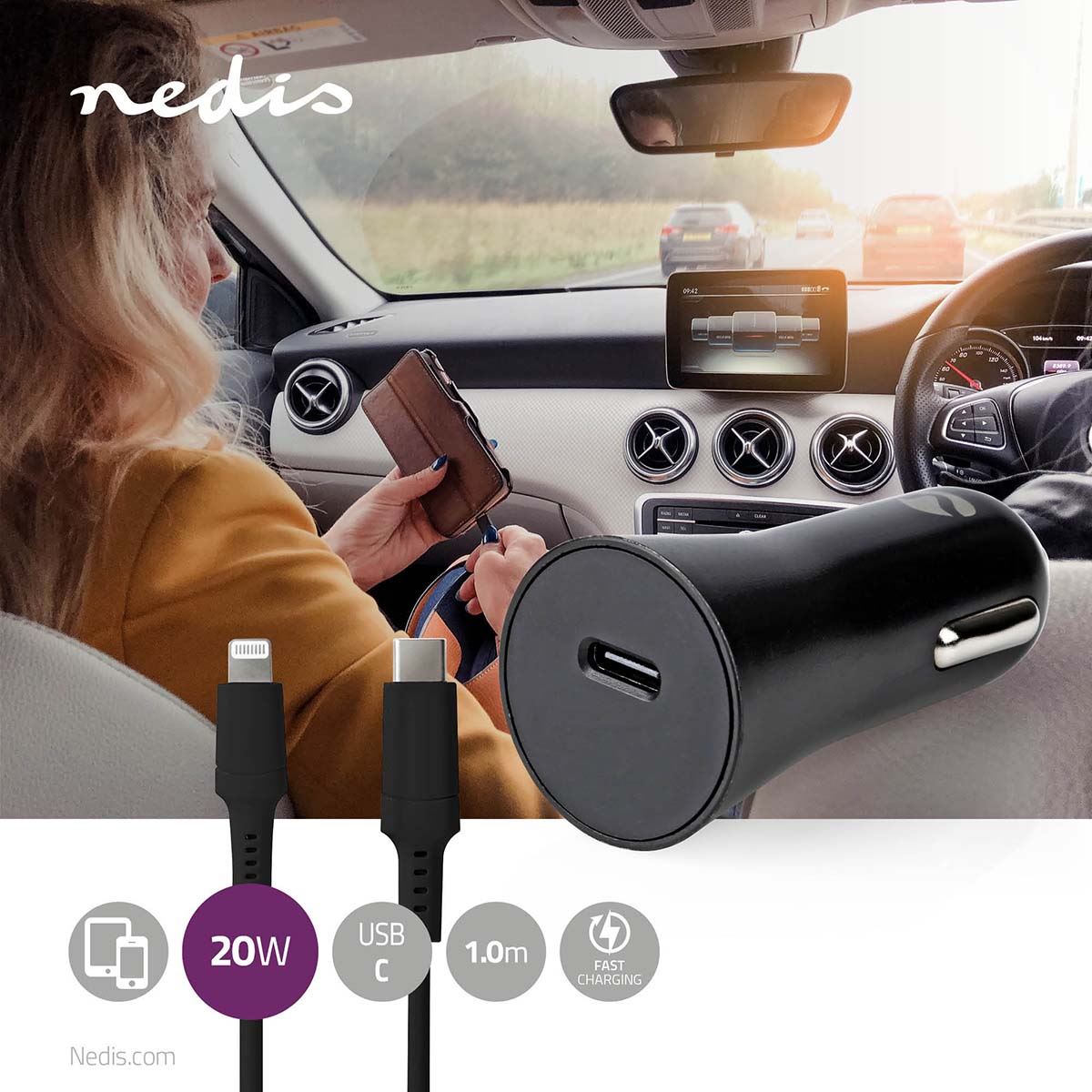 Nedis Car Charger | 20 W | 1.67 / 2.22 / 3.0 A | Number of outputs: 1 | Port type: USB-C™ | Lightning 8-Pin (Loose) Cable | 1.00 m | Automatic Voltage Selection