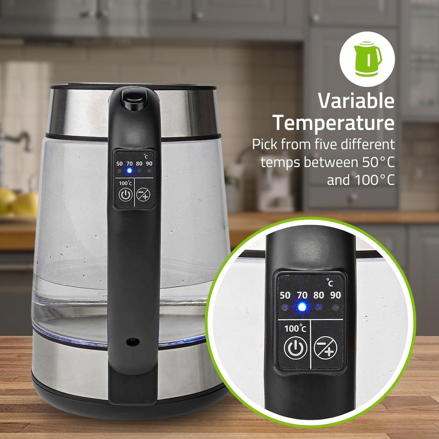 Nedis Electric Kettle | 1.7 l | Glass | Transparent | 60,70,80,90,100 °C | Temperature indicator | Rotatable 360 degrees | Concealed heating element | Strix® controller | Boil-dry protection