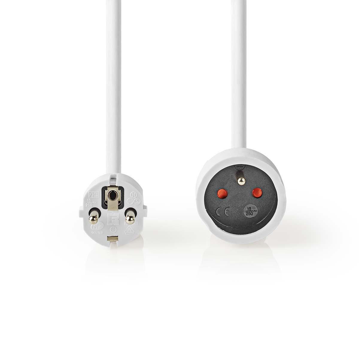 Nedis Power Extension Cable | Plug with earth contact male | Plug with earth contact female | Straight | Straight | Nickel Plated | 3.00 m | Round | White | Shrink Pack