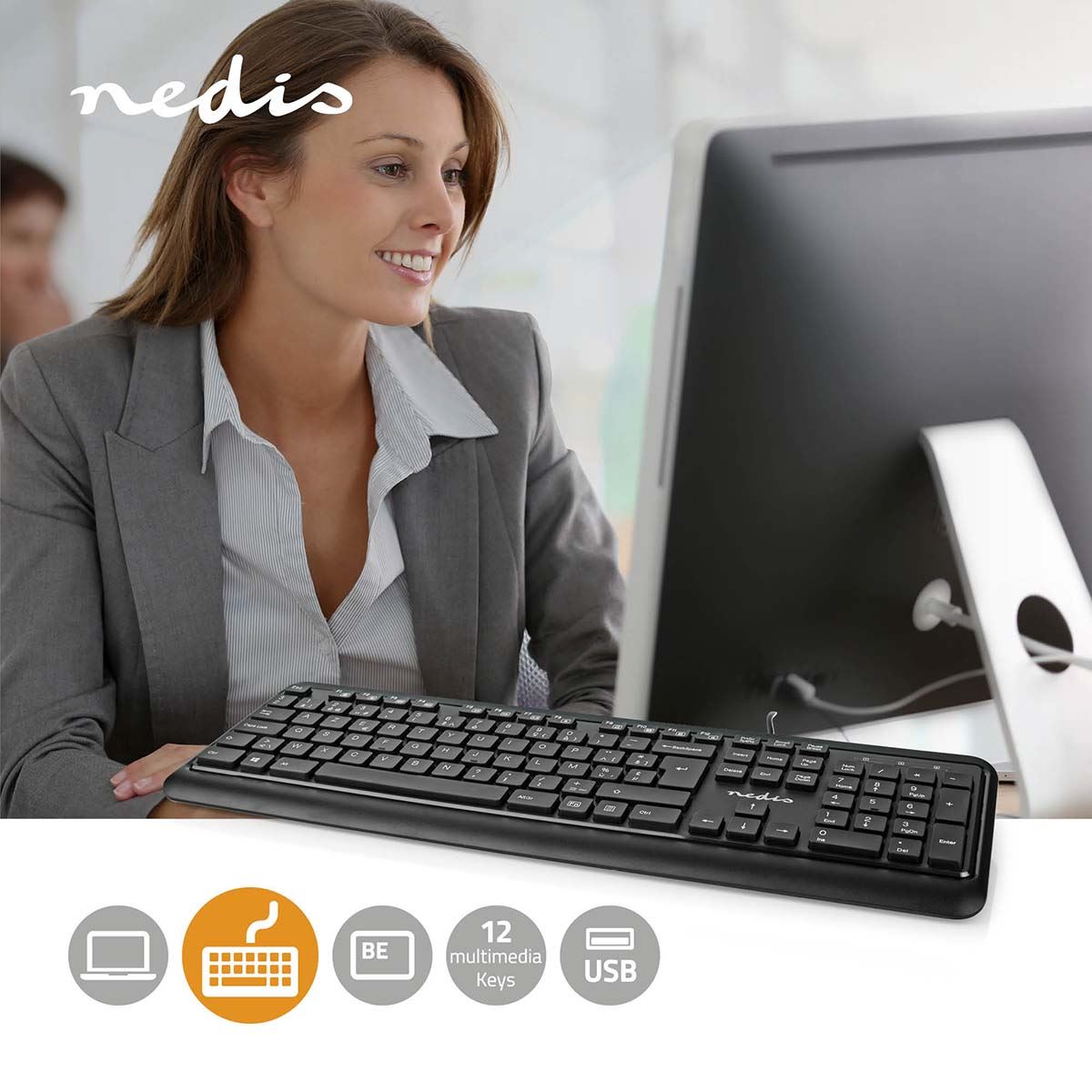 Nedis Wired Keyboard | USB-A | Multimedia | AZERTY | BE Layout | Numeric keypad