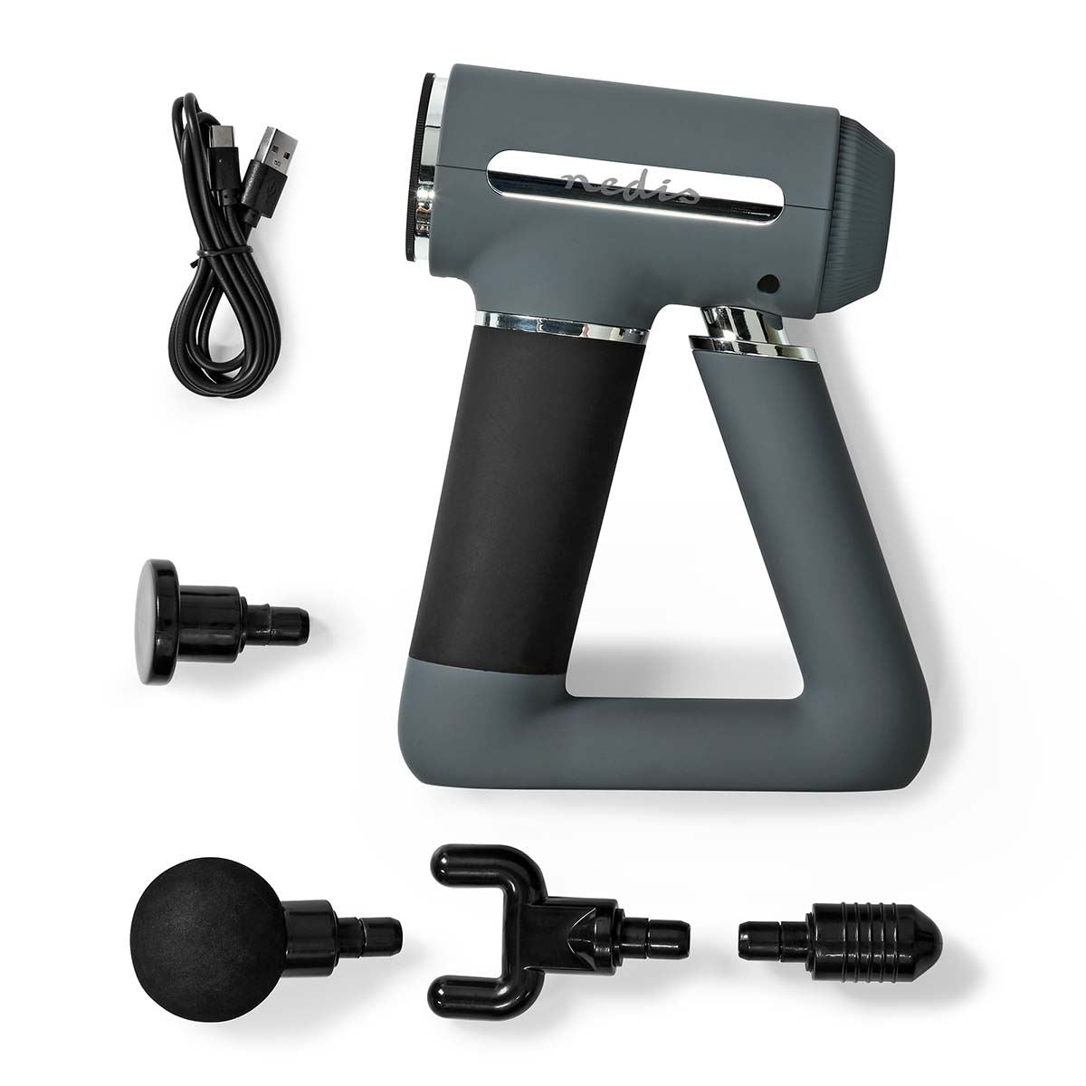 Nedis Sports Massage Gun | Battery Powered | N/A | Rechargeable | 6 Massage Modes | USB-Cable | Grey