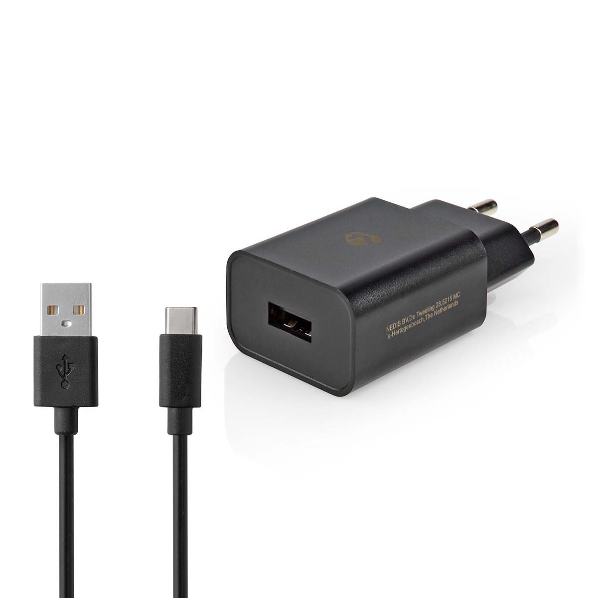 Nedis Wall Charger | 12 W | Quick charge feature | 1x 2.4 A | Number of outputs: 1 | USB-A | USB Type-C™ (Loose) Cable | 1.00 m | Single Voltage Output | Black