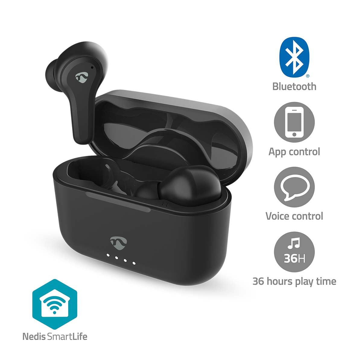 Nedis Fully Wireless Earphones | Hybrid (ENC + ANC) | Bluetooth® | Maximum battery play time: 36 hrs | Touch Control | Charging case | Wireless charging case | Built-in microphone | Voice control support | Black