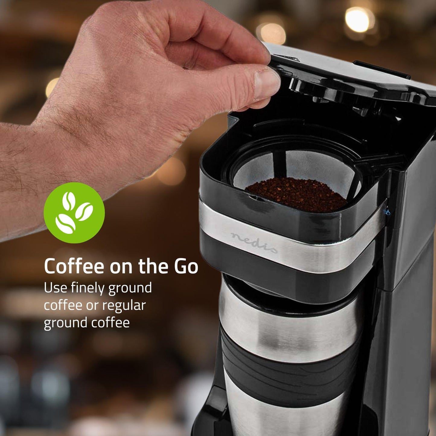 Nedis Coffee Maker | Filter Coffee | 0.4 l | 1 Cups | Switch on timer | Black / Silver