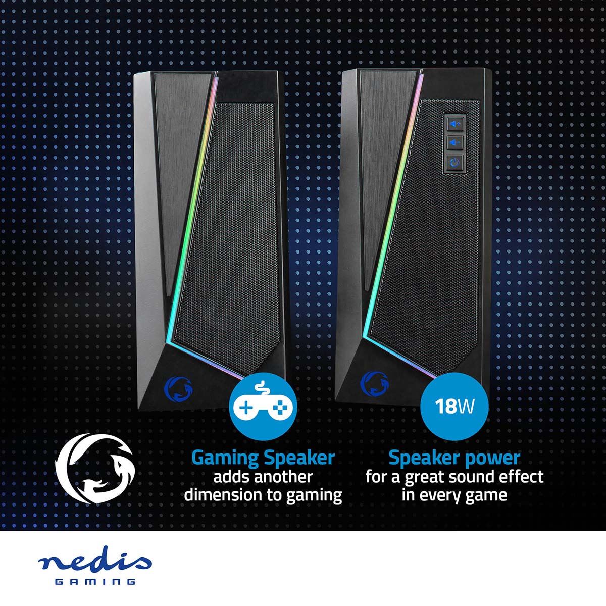 Nedis Gaming Speaker | Speaker channels: 2.0 | USB Powered | 3.5 mm Male | 18 W | LED | Volume control