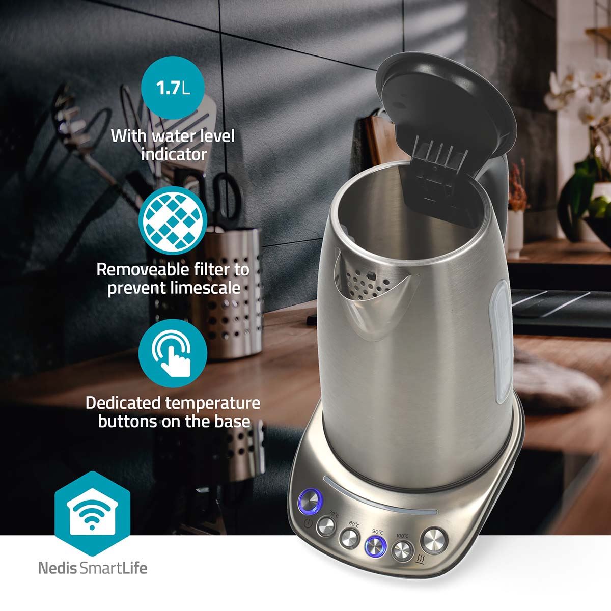 Nedis SmartLife Electric Kettle | Wi-Fi | 1.7 l | Stainless Steel | 70,80,90,100 °C | Temperature indicator | Rotatable 360 degrees | Concealed heating element | Strix® controller | Android™ / IOS