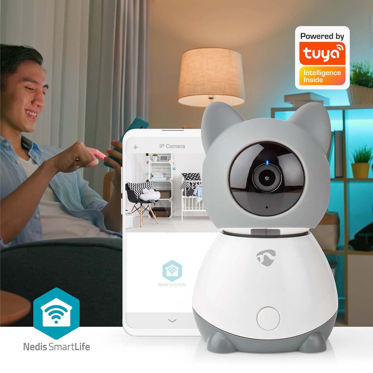Nedis SmartLife Indoor Camera | Wi-Fi | Full HD 1080p | Pan tilt | Cloud Storage (optional) / microSD (not included) | With motion sensor | Night vision | Grey / White