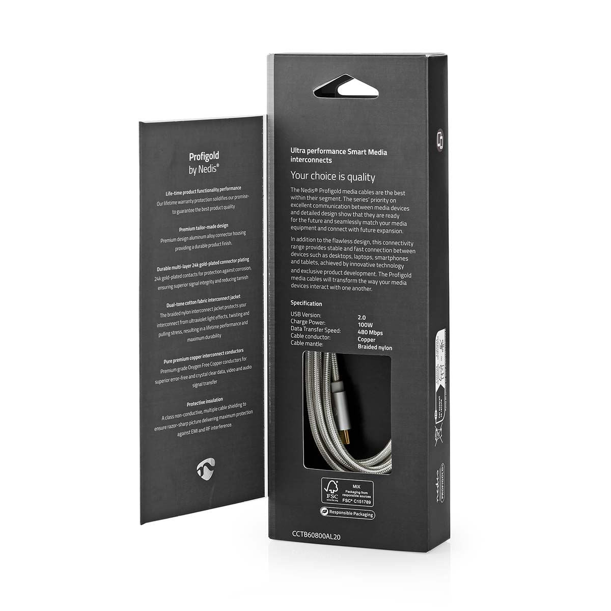Nedis USB Cable | USB 2.0 | USB-C™ Male | USB-C™ Male | 100 W | 480 Mbps | Gold Plated | 2.00 m | Round | Braided / Nylon | Silver | Cover Window Box