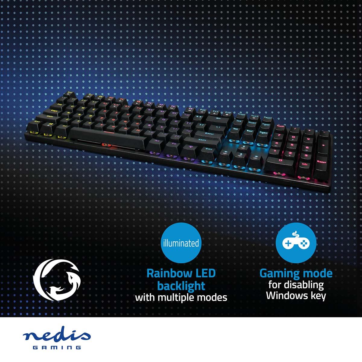Nedis Wired Gaming Keyboard | USB Type-A | Mechanical Keys | LED | QWERTY | US Layout | USB Powered | Power cable length: 1.50 m | Gaming