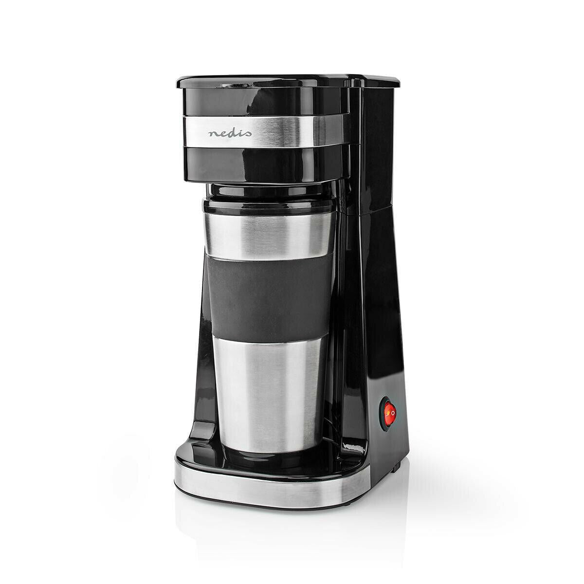 Nedis Single Serve Coffee Maker with 400ml Travel Mug, Double Wall Insulated, Stainless Steel, with Reusable Filter