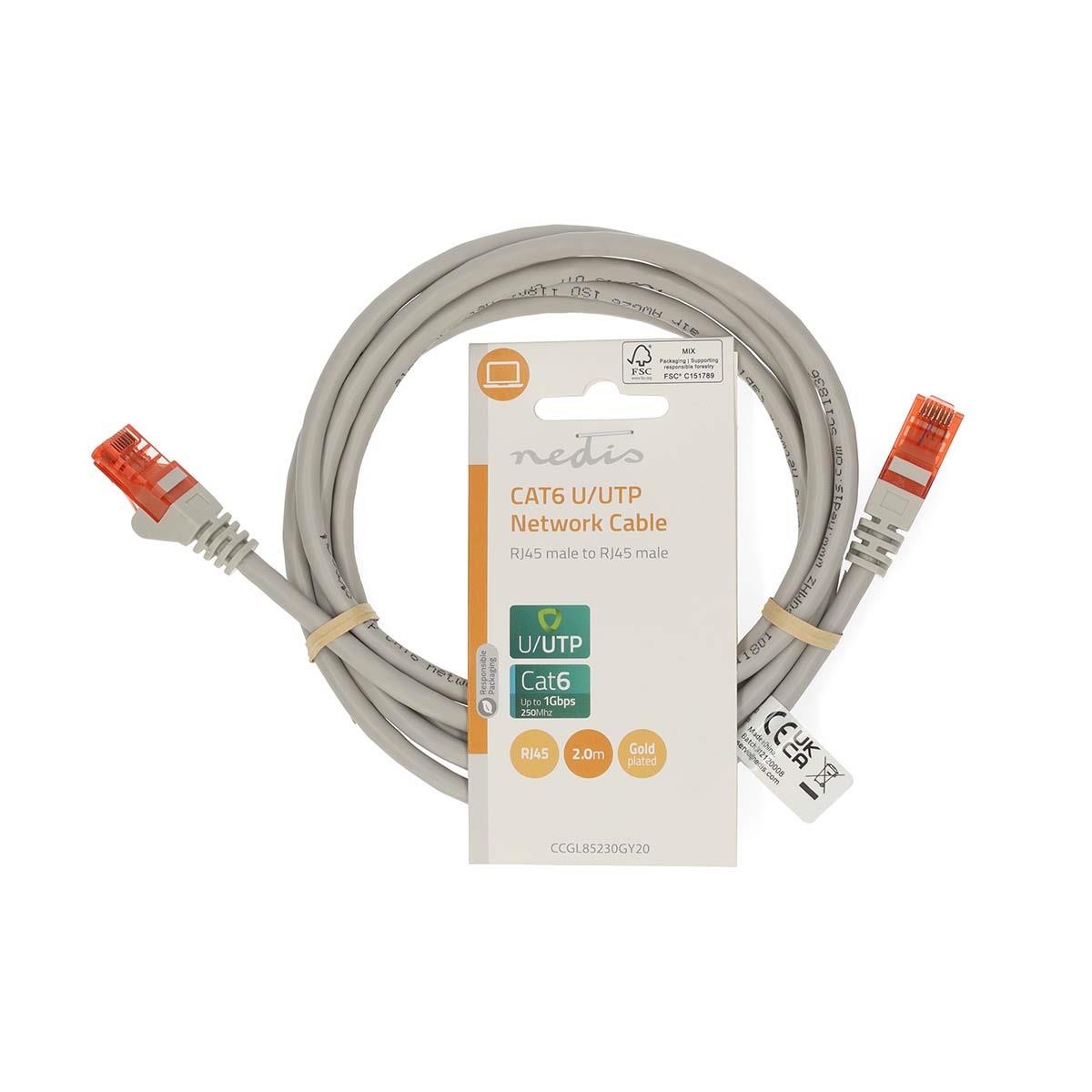 Nedis CAT6 Network Cable | RJ45 Male | RJ45 Male | U/UTP | 2.00 m | Round | PVC | Grey | Label