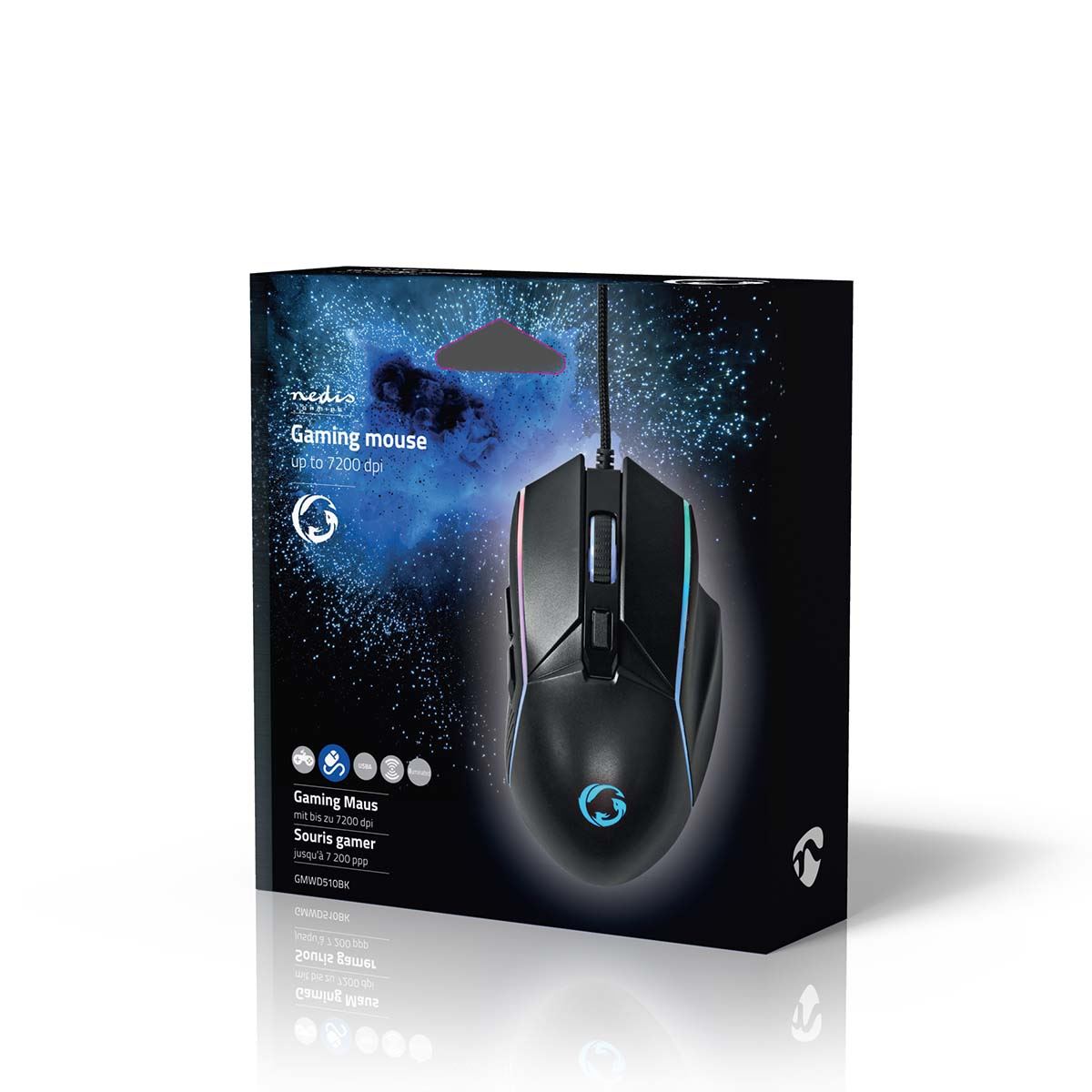 Nedis Gaming Mouse | Wired | 800 / 1200 / 2400 / 3200 / 4800 / 7200 dpi | Adjustable DPI | Number of buttons: 6 | Right-Handed | 1.50 m | LED