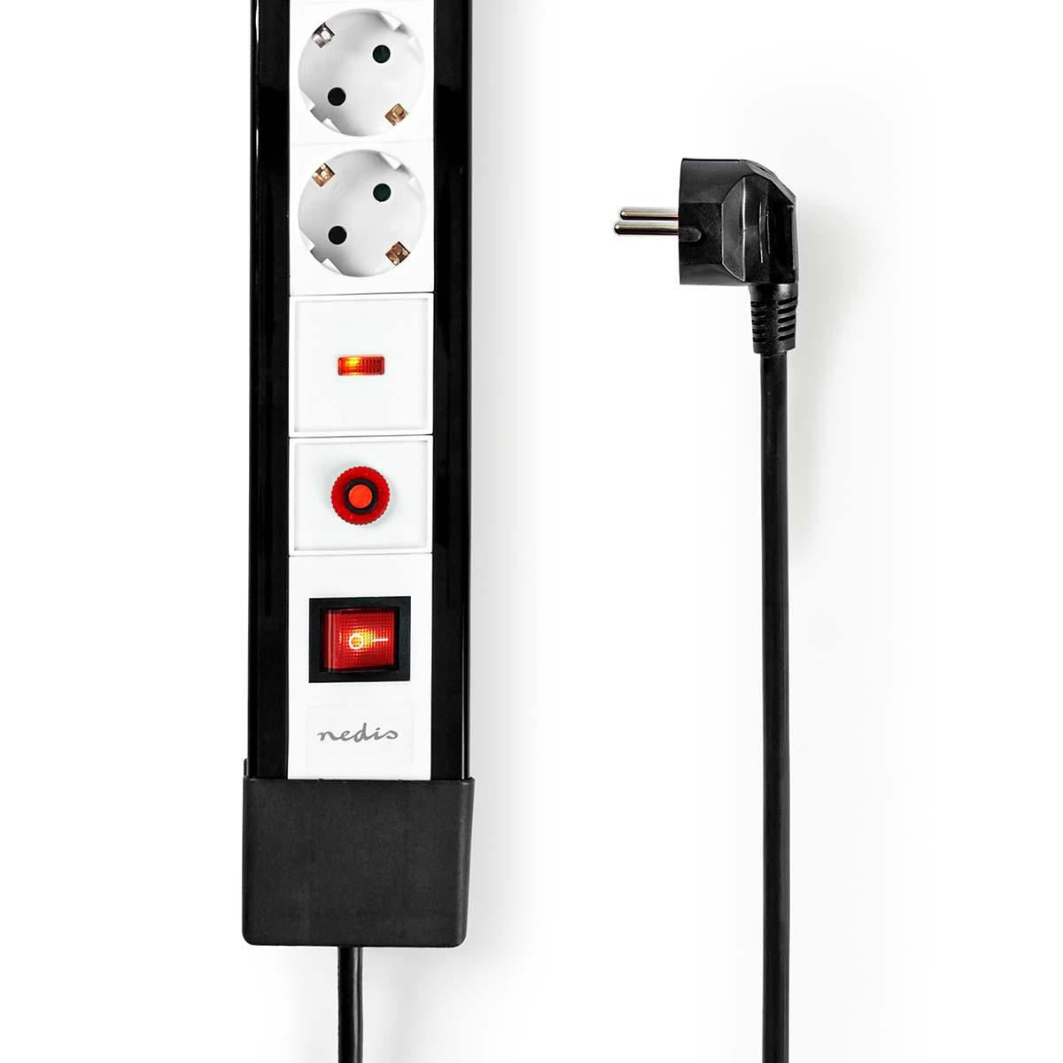 Nedis Extension Socket with Surge Protection | 4-Way | Type F (CEE 7/7) | 3.00 m | 3500 W | 16 A | Kind of grounding: Side Contacts | Socket angle: 45 ° | H05VV-F 3G1.5mm² | On/Off switch | Black / White