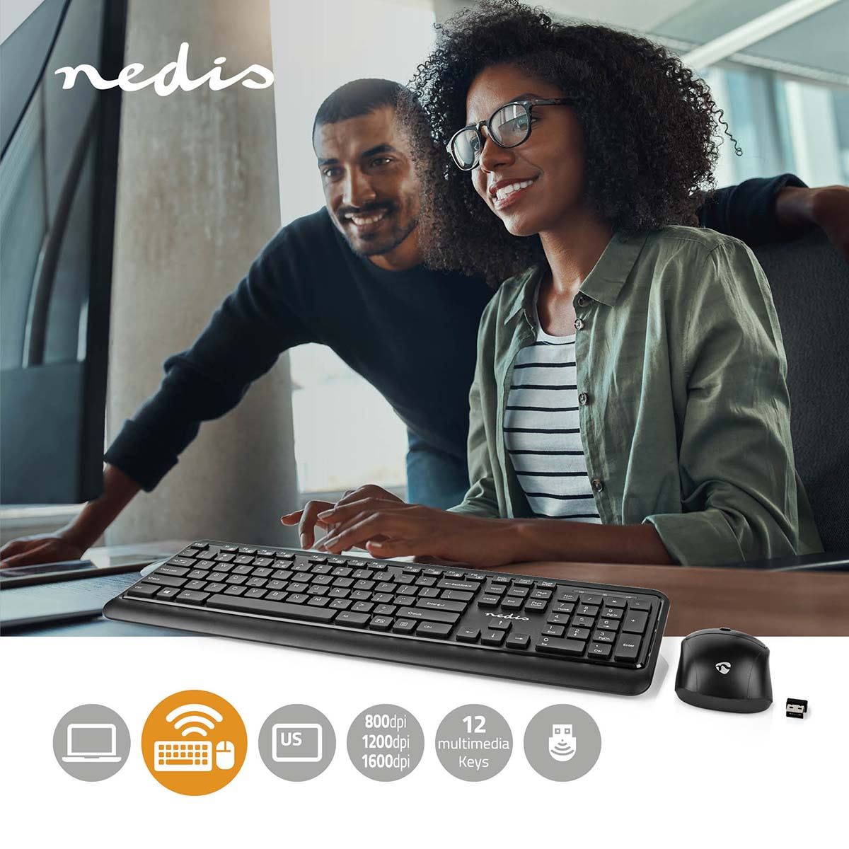 Nedis Mouse and Keyboard Set | Wireless | Mouse and keyboard connection: USB | 800 / 1200 / 1600 dpi | Adjustable DPI | QWERTY | US Layout