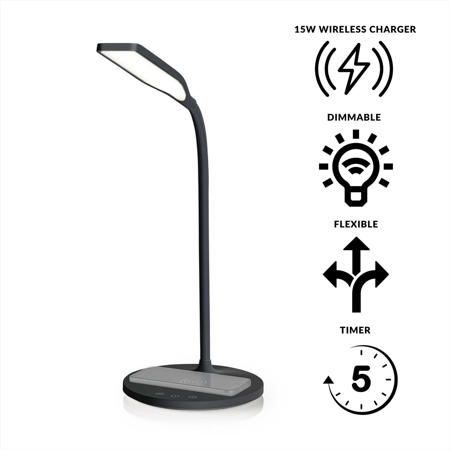 Nedis LED Lamp with Wireless Charger | Dimmer - On Product | LED / Qi | 15 W | With dimming | Cool White / Natural White / Warm White | 2700 - 6500 K