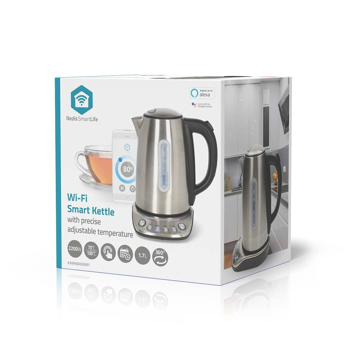 Nedis SmartLife Electric Kettle | Wi-Fi | 1.7 l | Stainless Steel | 70,80,90,100 °C | Temperature indicator | Rotatable 360 degrees | Concealed heating element | Strix® controller | Android™ / IOS