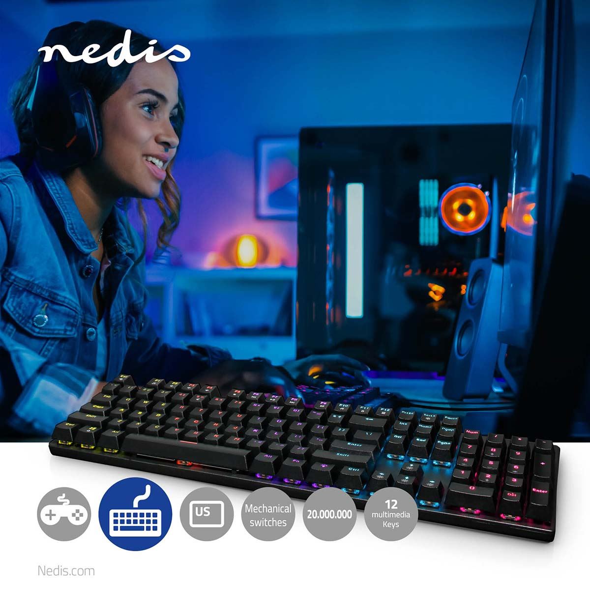 Nedis Wired Gaming Keyboard | USB Type-A | Mechanical Keys | LED | QWERTY | US Layout | USB Powered | Power cable length: 1.50 m | Gaming