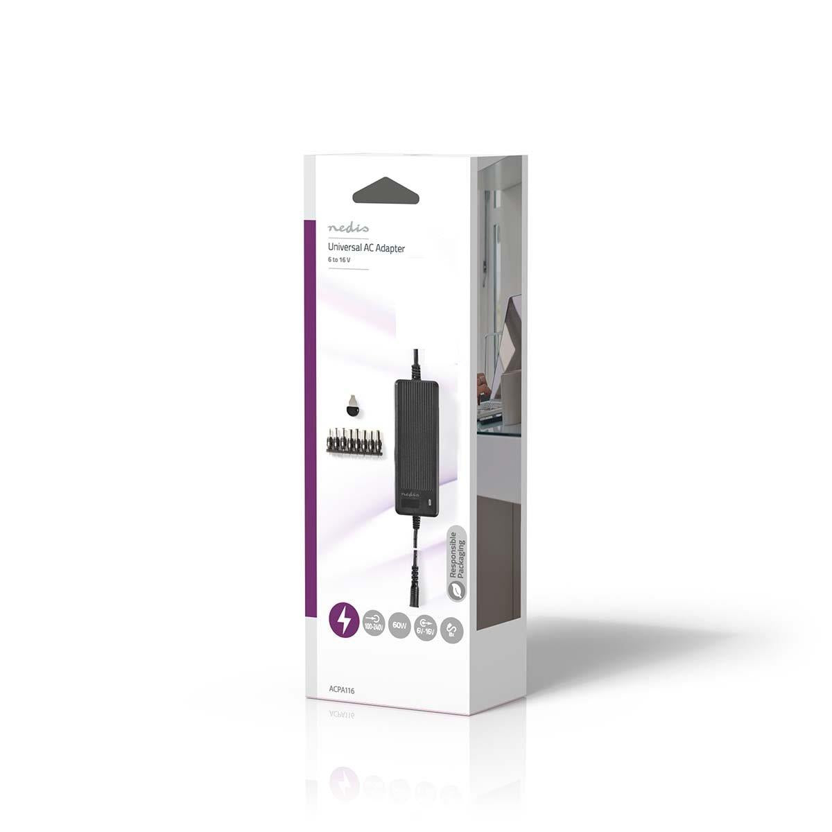 Nedis Universal EU AC Power Adapter | 60 W | 6 - 16 V DC | 1.10 m | 5.0 - 5.2 A | 8 plug(s) | Black
