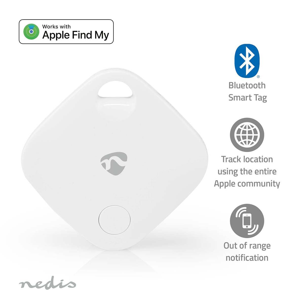 Nedis Key Finder | Compatible with: Apple Find My App | Battery Powered | 1x CR2032 | Batteries included | Bluetooth® version: 5.1 | Battery life up to: 1 year | White | 1 pcs