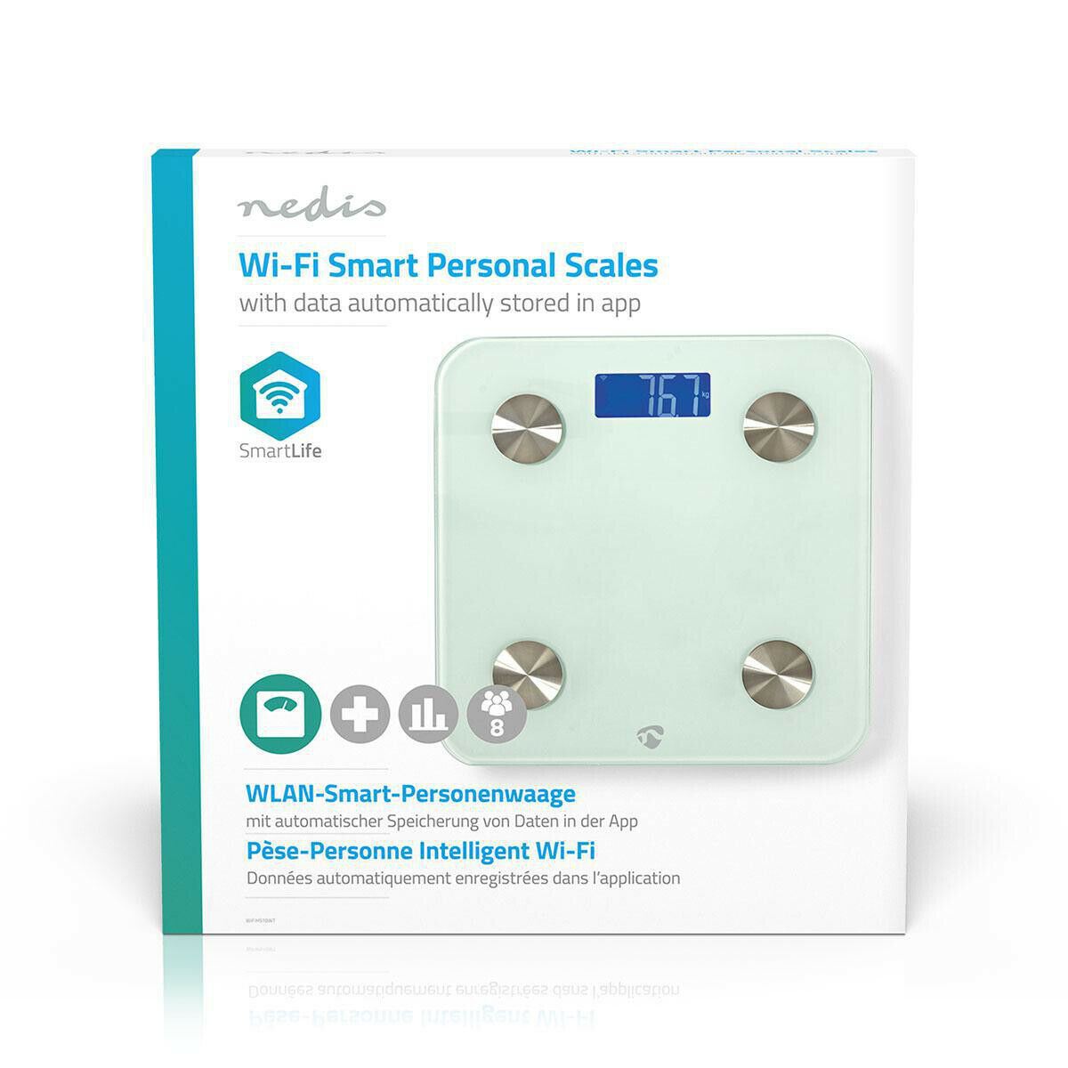 Nedis SmartLife Personal Scale | Wi-Fi | BMR / Bones / Fat / Muscles / Water / Weight | 8 | Peak load: 180 kg | Android™ / IOS | Glass | White