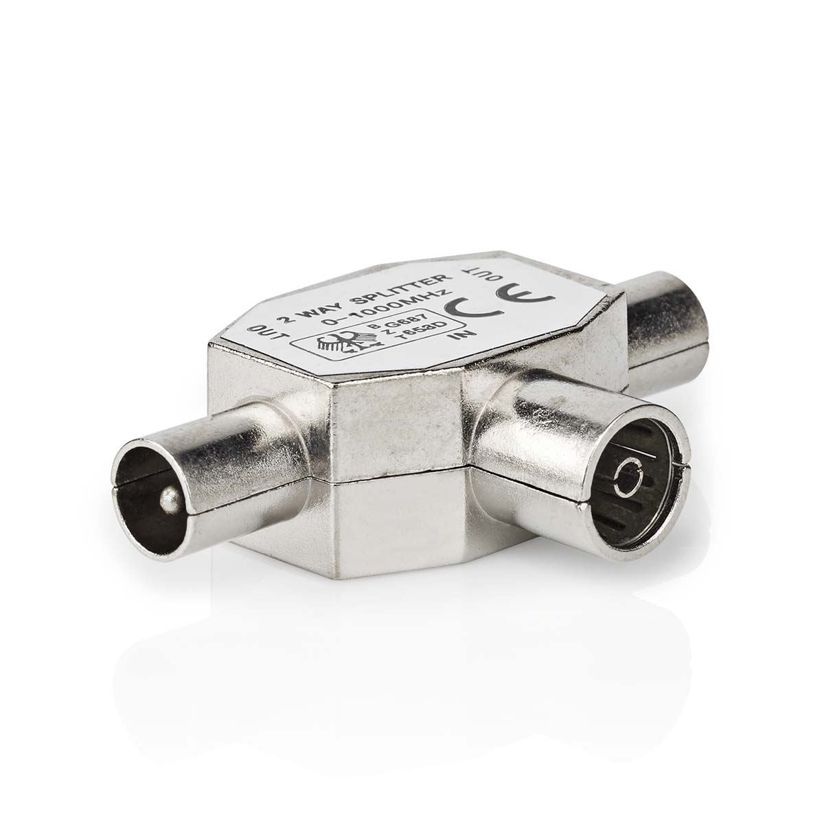 Nedis Satellite & Antenna Adapter | 2x Coax Male | IEC (Coax) Female | Nickel Plated | 75 Ohm | T-Splitter | Metal | Silver | 1 pcs | Box