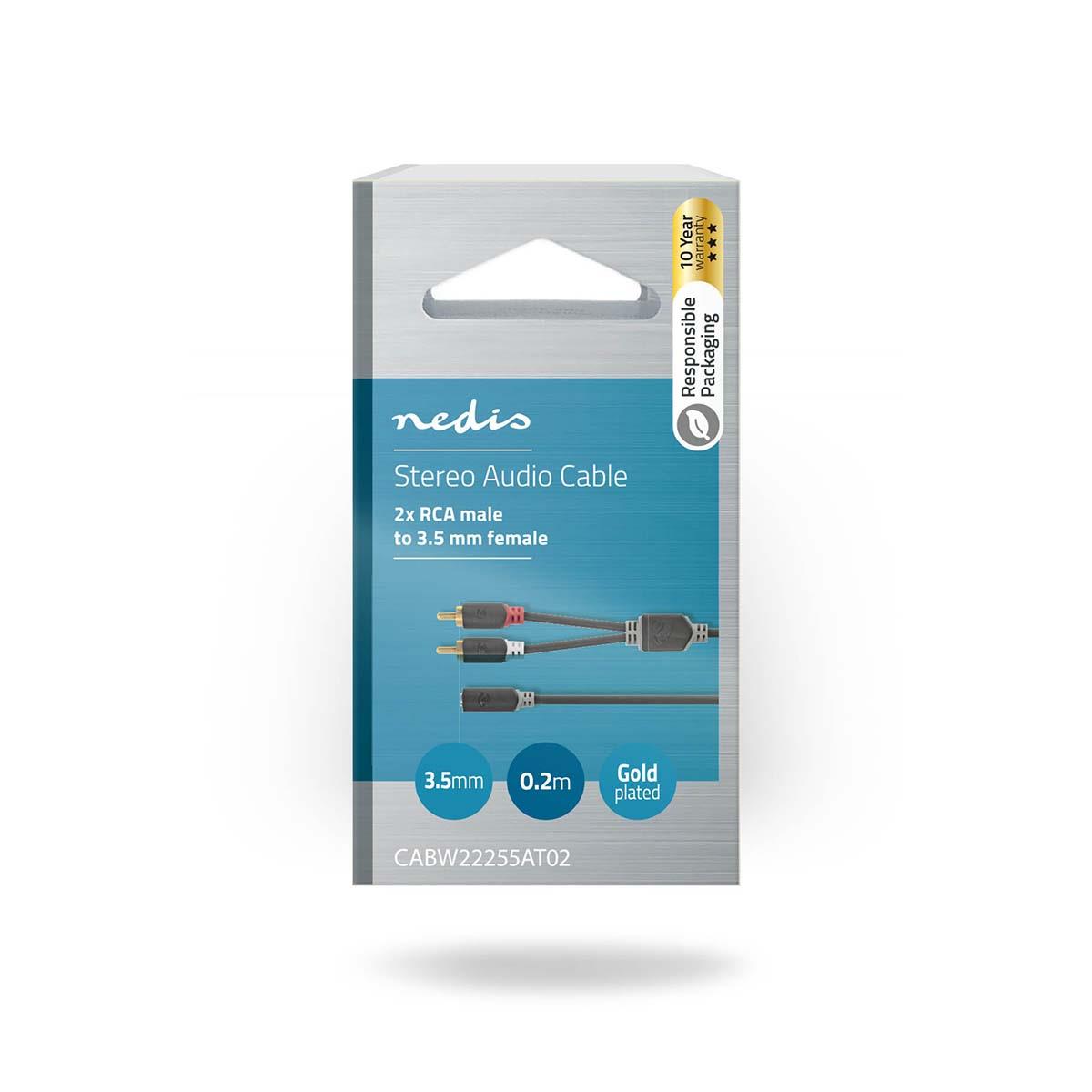 Nedis Stereo Audio Cable | 2x RCA Male | 3.5 mm Female | Gold Plated | 0.20 m | Round | Anthracite | Box