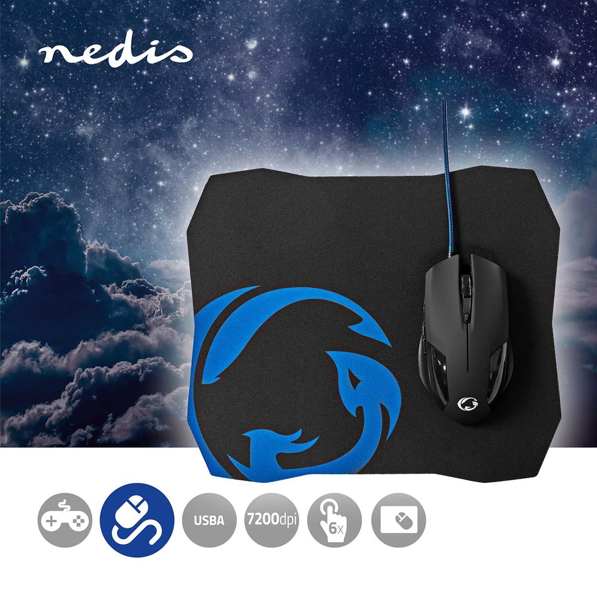 Nedis Gaming Mouse & Mouse Pad Set | Wired | 1200 / 2400 / 4800 / 7200 dpi | Adjustable DPI | Number of buttons: 6 | Right-Handed | 1.50 m | Without Lighting