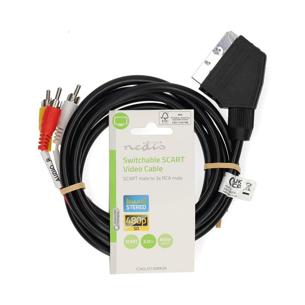 Nedis SCART Cable | SCART Male | 3x RCA Male | Nickel Plated | Switchable | 480p | 2.00 m | Round | PVC | Black | AV27849