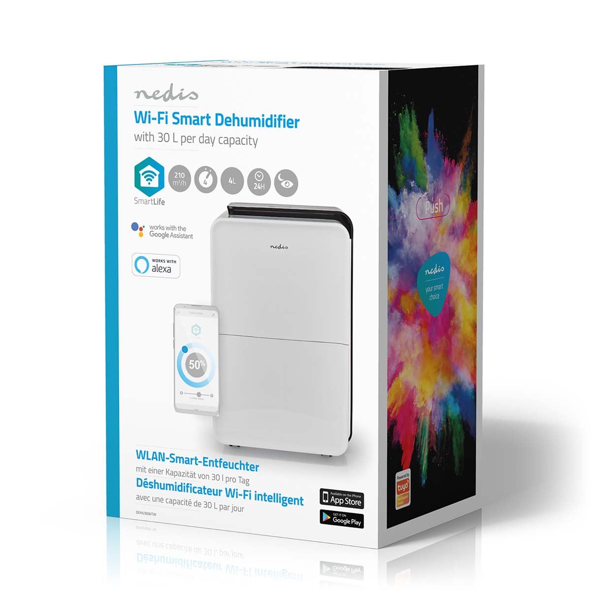 Nedis SmartLife Dehumidifier | Wi-Fi | 30 l/Day | Dehumidification / Continuous / Max+ / Dry laundry / Ventilation | Android™ / IOS | Adjustable hygrostat | 210 m³/h