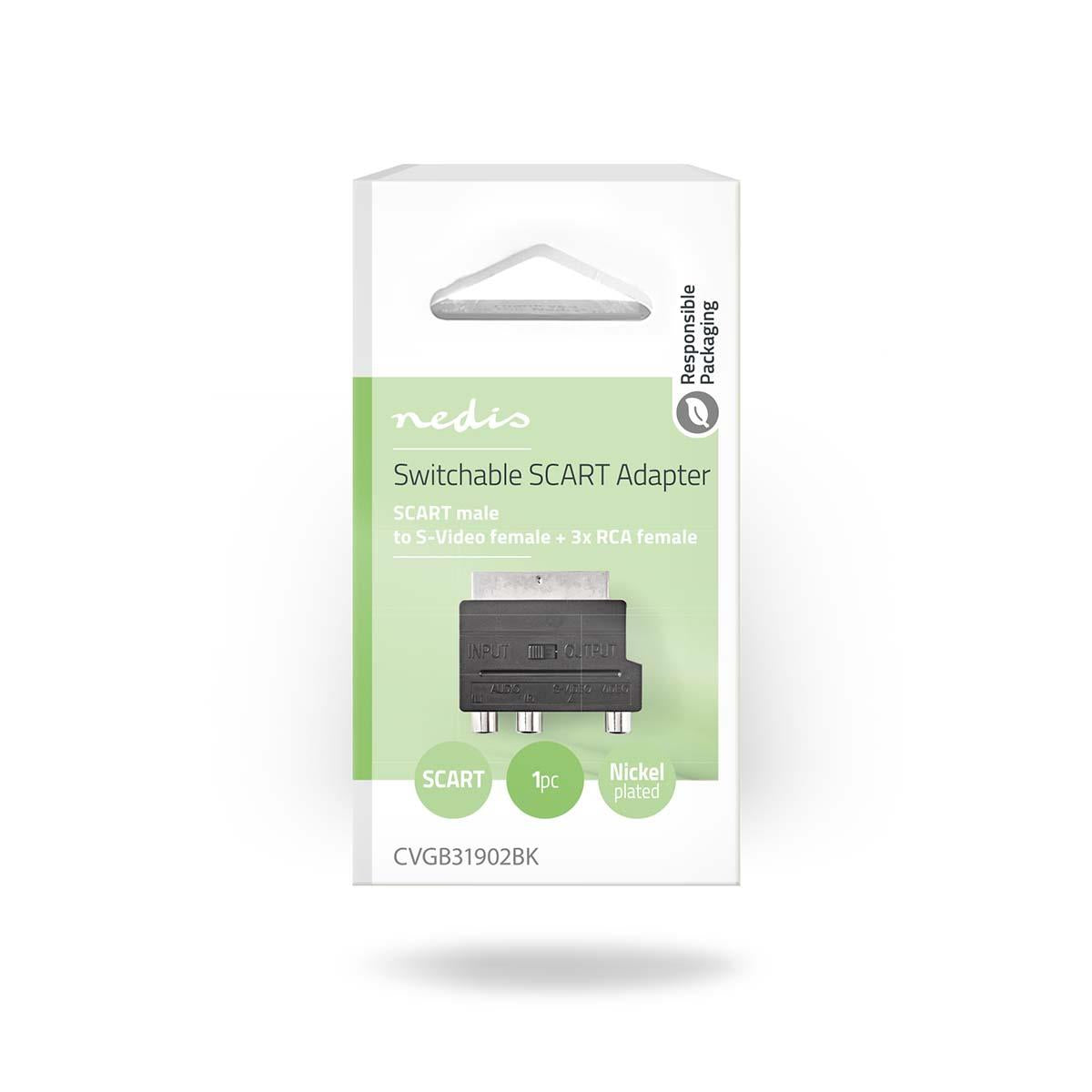 Nedis CVGB31902BK | SCART Adapter | SCART Male | S-Video Female / 3x RCA Female | Nickel Plated | Switchable | ABS | Black | 1 pcs | Box