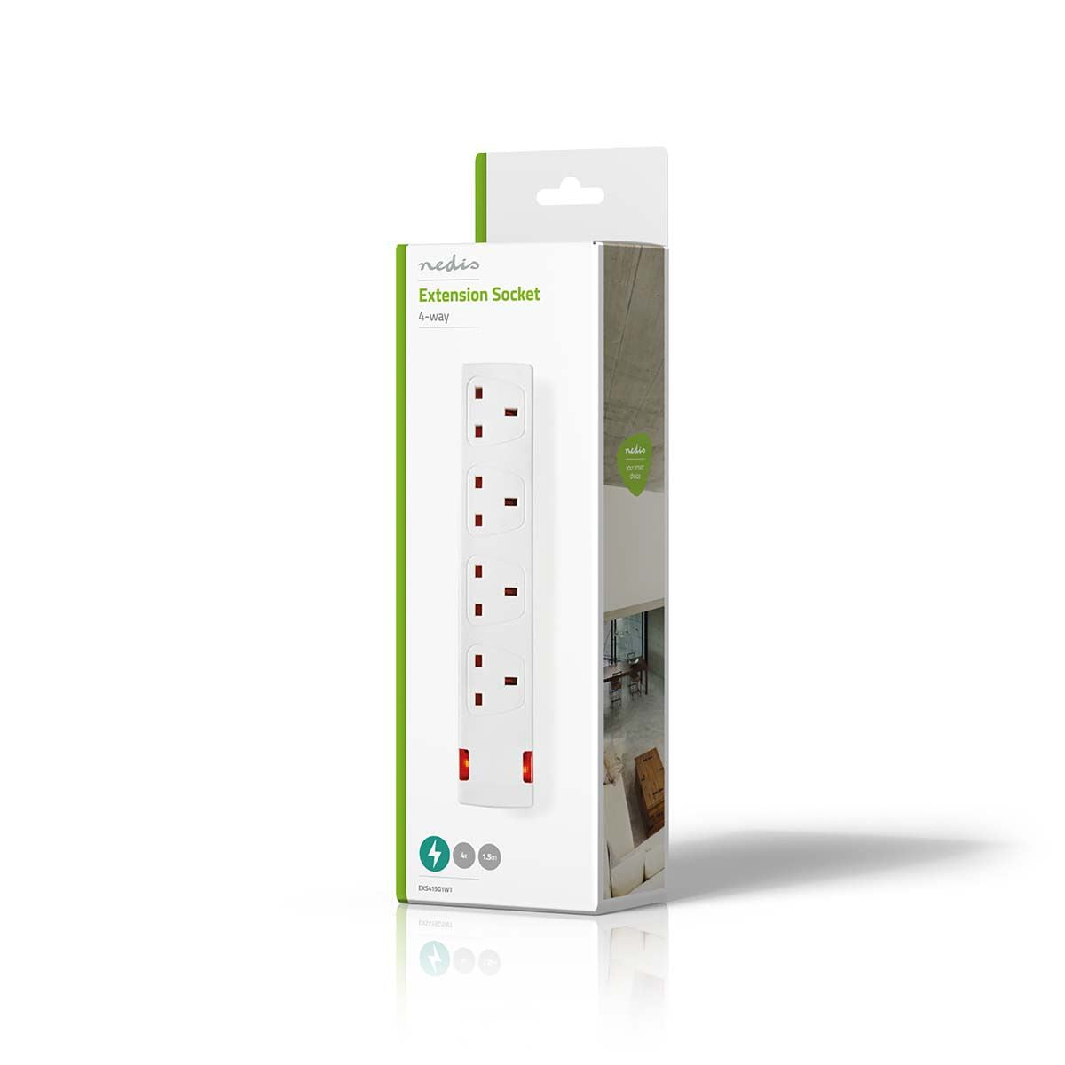 Nedis Extension Socket | Type G | 4-Way | 1.50 m | 3120 W | 13 A | Kind of grounding: UK Plug Earth pin | 230 V AC 50/60 Hz | Socket angle: 90 ° | H05VV-F 3G1.5mm² | White