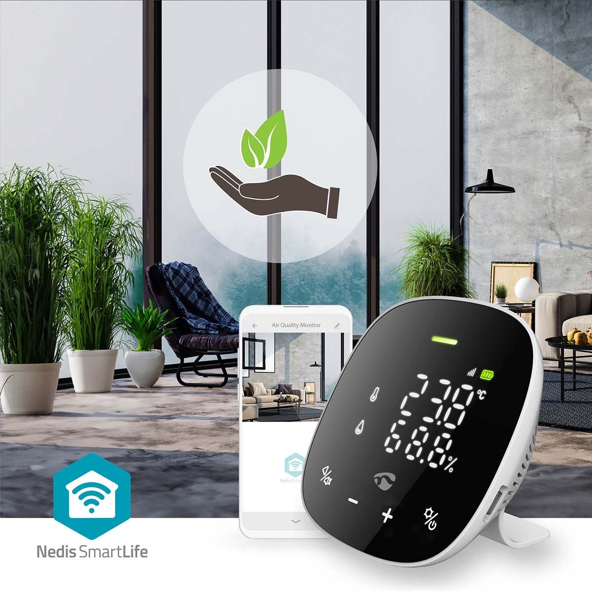 Nedis SmartLife Air Quality Monitor | Wi-Fi | Including display | Carbon Dioxide (CO2) / Humidity / Temperature | Android™ / IOS | Black / White