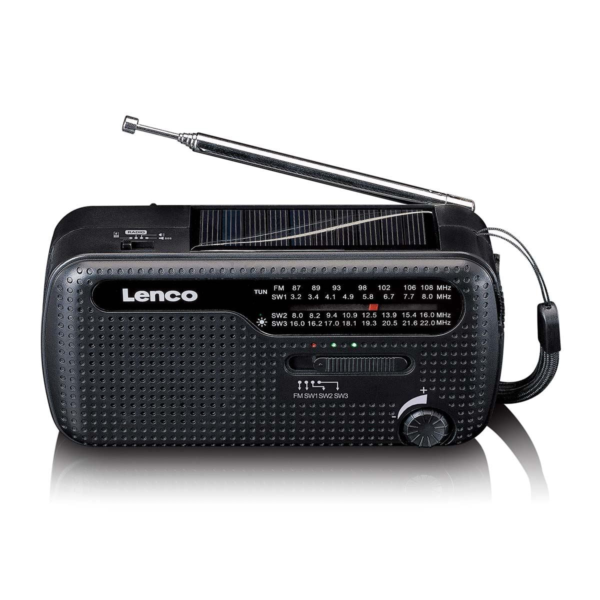 Lenco Portable wind-up Emergency FM Radio, Flashlight and Power bank in one - Black