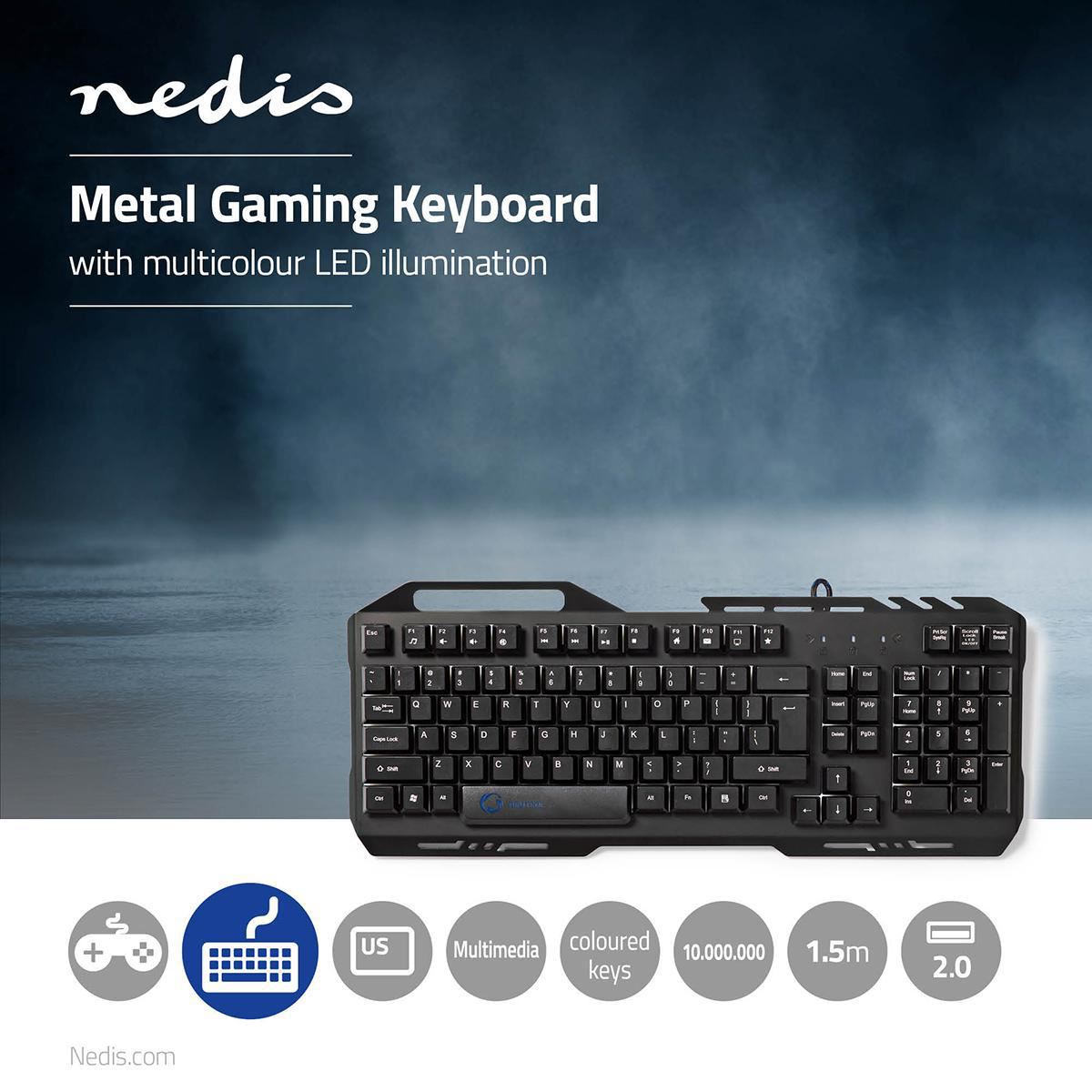 Nedis Wired Gaming Keyboard | USB 2.0 | Membrane Keys | LED | US International | US Layout | USB Powered | Power cable length: 1.50 m | Gaming
