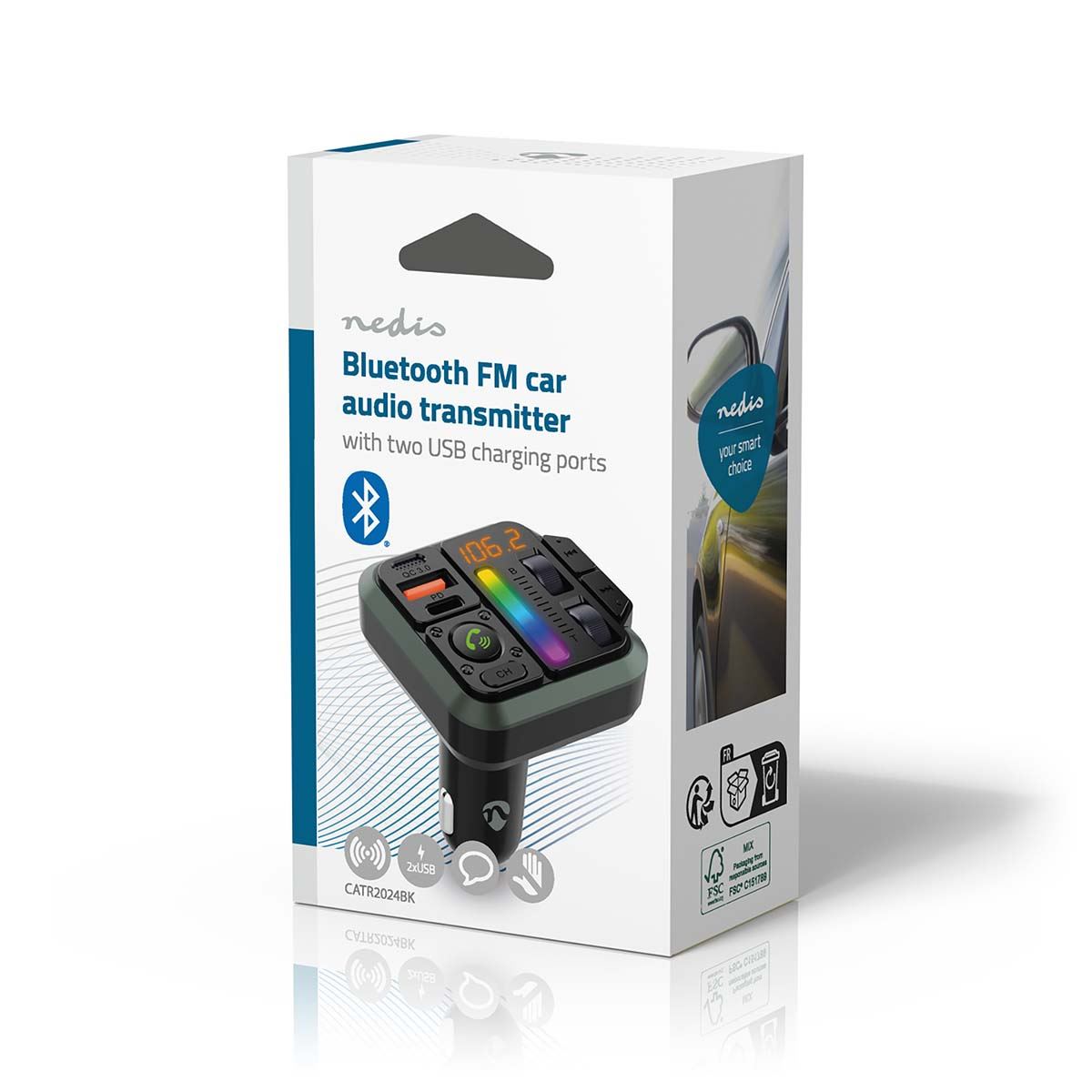 Nedis Car FM Transmitter | Fixed | Hands free calling | 1 " | Amber Screen | Bluetooth® | PD 18 W / PD 24 W | Fast charging | Bass boost | Google Assistant / Siri | Black