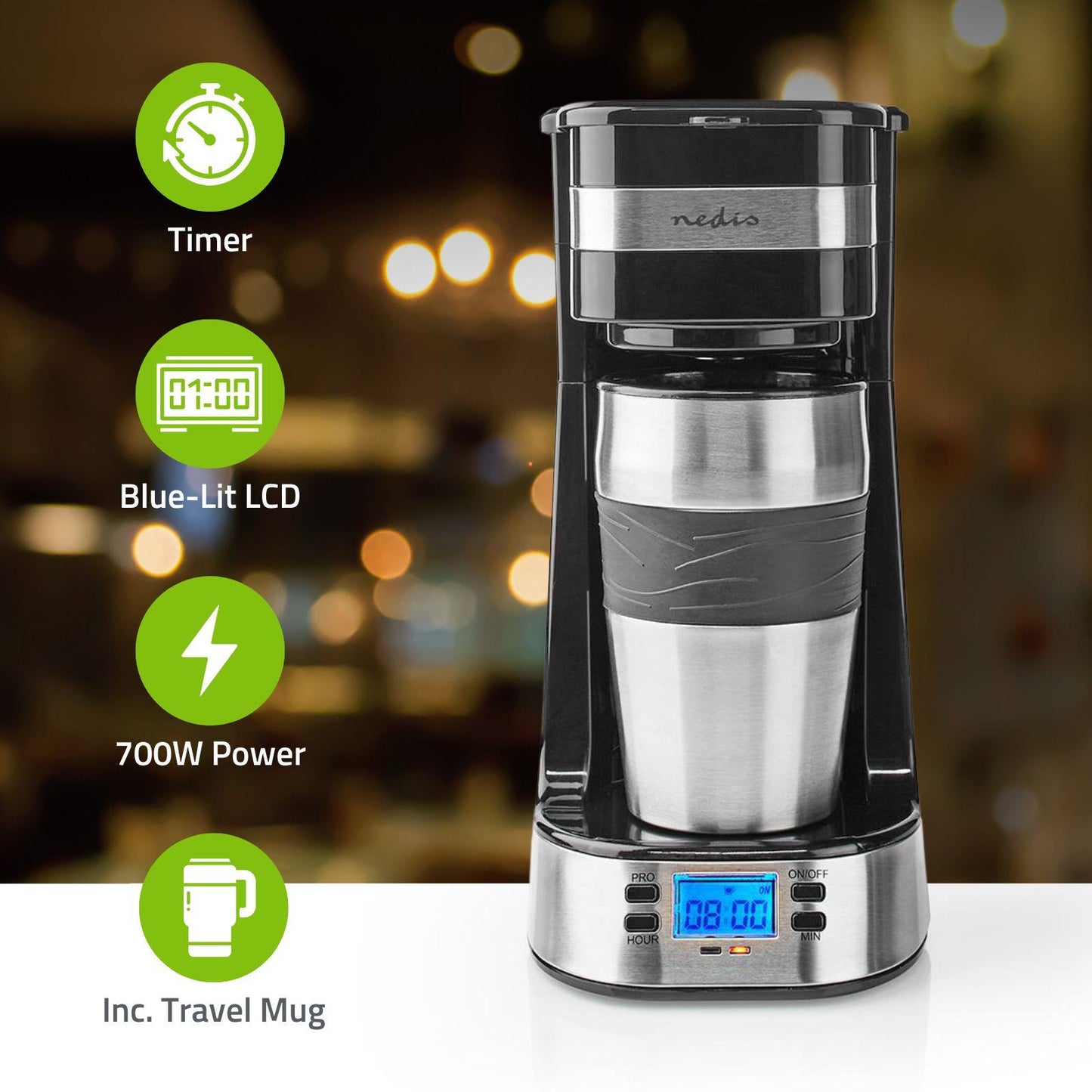 Nedis Coffee Maker | Filter Coffee | 0.4 l | 1 Cups | Switch on timer | Black / Silver