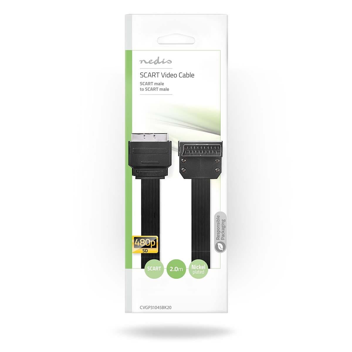 Nedis SCART Cable | SCART Male | SCART Male | Nickel Plated | 480p | 2.00 m | Flat | PVC | Black | Envelope