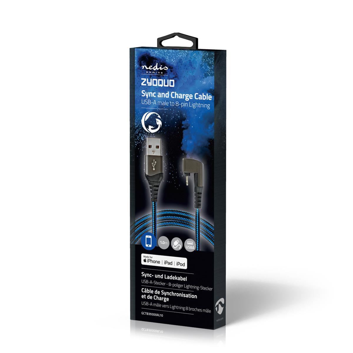 Nedis USB Cable | USB 2.0 | Apple Lightning 8-Pin | USB-A Male | 12 W | 480 Mbps | Nickel Plated | 1.00 m | Round | Braided / Nylon | Black / Blue | Cover Window Box