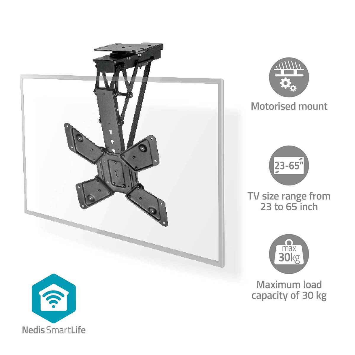 Nedis Motorised TV Ceiling Mount | 23 - 65 " | Maximum supported screen weight: 30 kg | Rotatable | Tiltable | Minimum ceiling distance: 140 mm | Remote controlled | Steel | Black